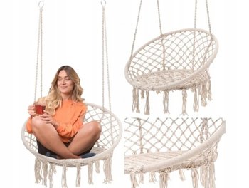 HUŚTAWKA OGRODOWA FOTEL WISZĄCY BOCIANIE GNIAZDO BOHO DO DOMU OGRODU BEŻOWA - SNM