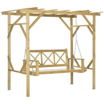 Huśtawka ogrodowa Hollywood z pergolą, 2-osobowa, huśtawka ogrodowa, odporna na warunki atmosferyczne, balkon, drewno lite, naturalny, 221 x 140 x 196 cm