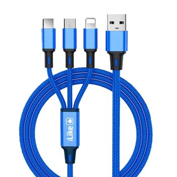 iLike CCI02BE Przewód w oplocie Trwały zestaw kabli USB 3 w 1 USB na Micro USB / Lightning / Type-C 1 m Niebieski - RIFF