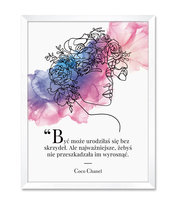 Inspiracja do salonu dekoracja obraz w stylu Line Art twarz kobiety kwiaty z cytatem Coco Chanel