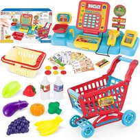 Interaktywna kasa fiskalna sklepowa waga akcesoria  MINI wózek sklepowy zabawa w sklepTowary