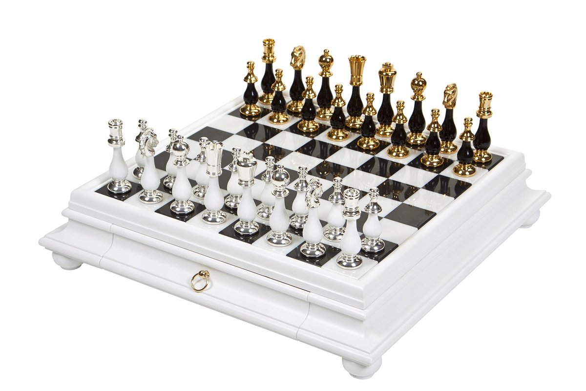 Italian Board Marble/Wood White 46+Chess Pieces Brass/Wood Gold/Silver, figury szachowe, Italfama