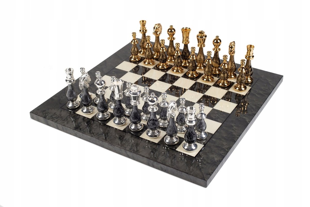 Italian Chess Brass/Beech Wood Gold/Silver 10Cm+Chess Board Wood Grey 42, szachownica, Italfama