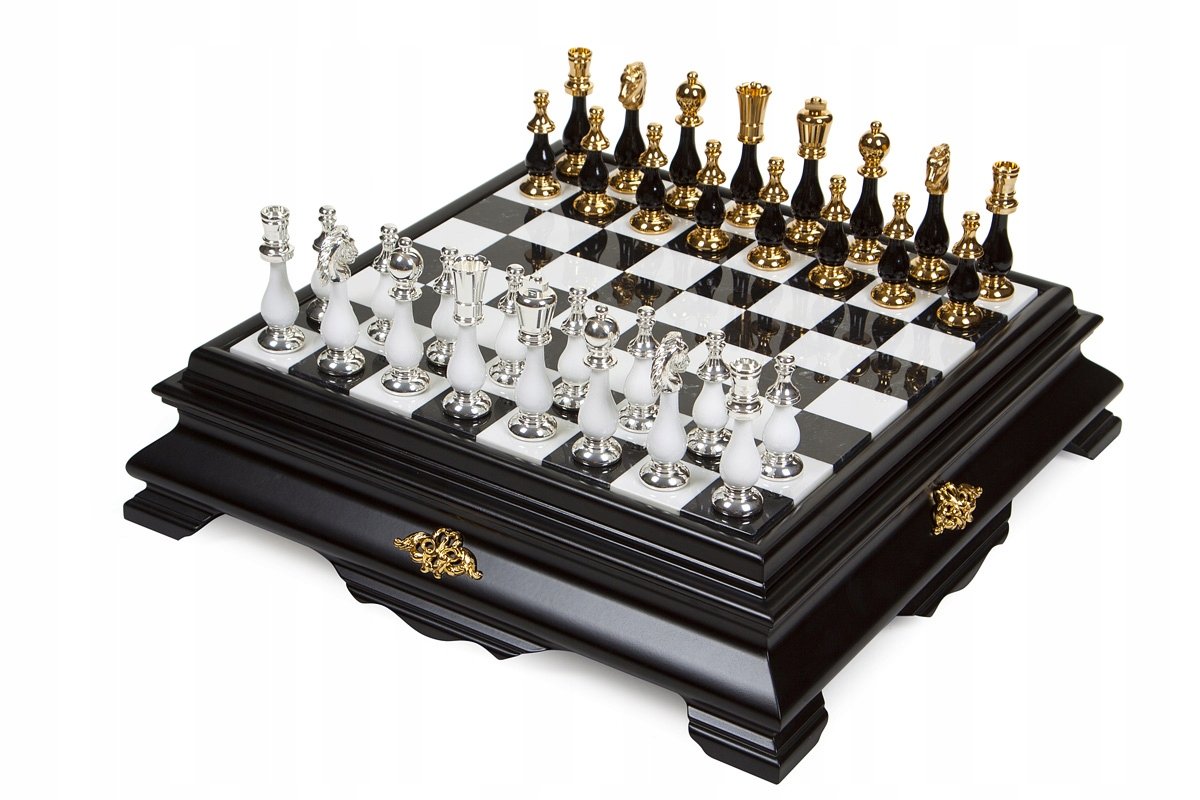 Italian Chess Brass/Beech Wood Gold/Silver+Chess Board Marble/Wood White 46