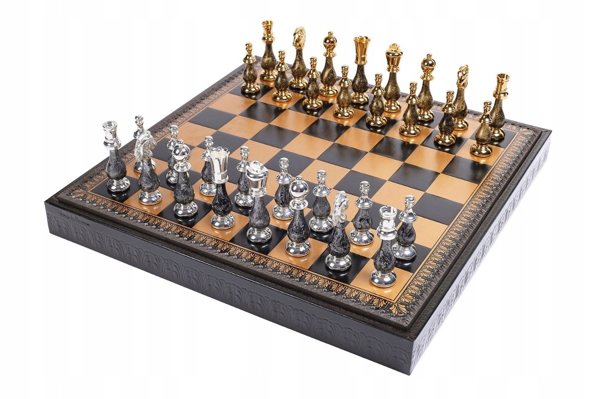 Italian Chess Brass/Wood Gold/Silver 10Cm+Chess Board Leather Gold/Black 48, szachownica, Italfama
