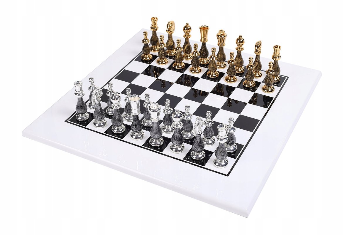 Italian Chess Brass/Wood Gold/Silver 10Cm+Chess Board Wood White/Black 50, szachownica, Italfama