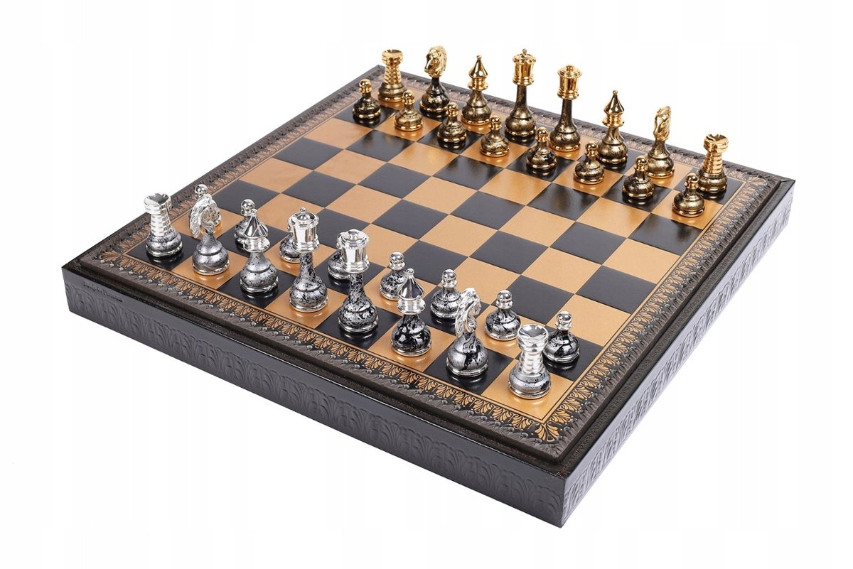 Italian Chess Brass/Wood Gold/Silver+Chess Board Leatherette Gold/Black 48, szachownica, Italfama