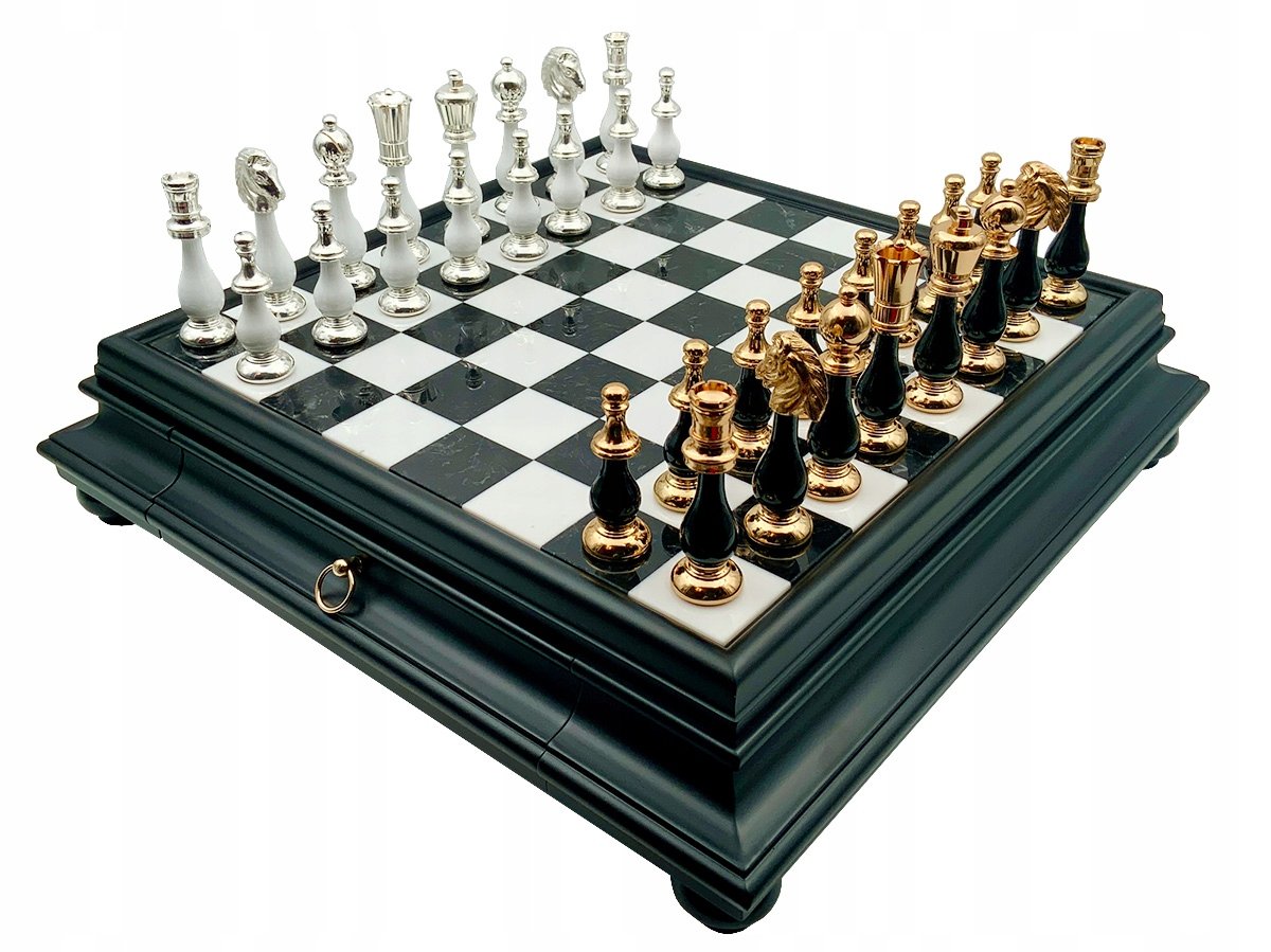 Italian Chess Brass/Wood Gold/Silver+Chess Board Marble/Wood Black 46Drawer, szachownica, Italfama