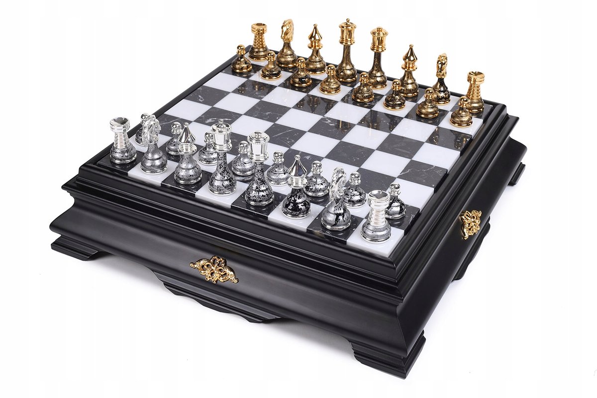 Italian Chess Brass/Wood Gold/Silver +Chess Board Marble/Wood White 46