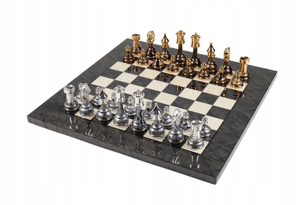 Italian Chess Brass/Wood Gold/Silver Fantasy+Chess Wood Grey Glossy 42
