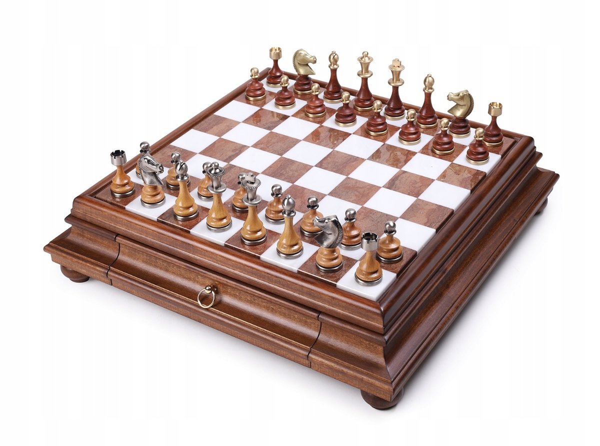 Italian Chess Brass/Wood Staunton+Chess Board Marble/Wood 46 With Drawer, szachownica, Italfama