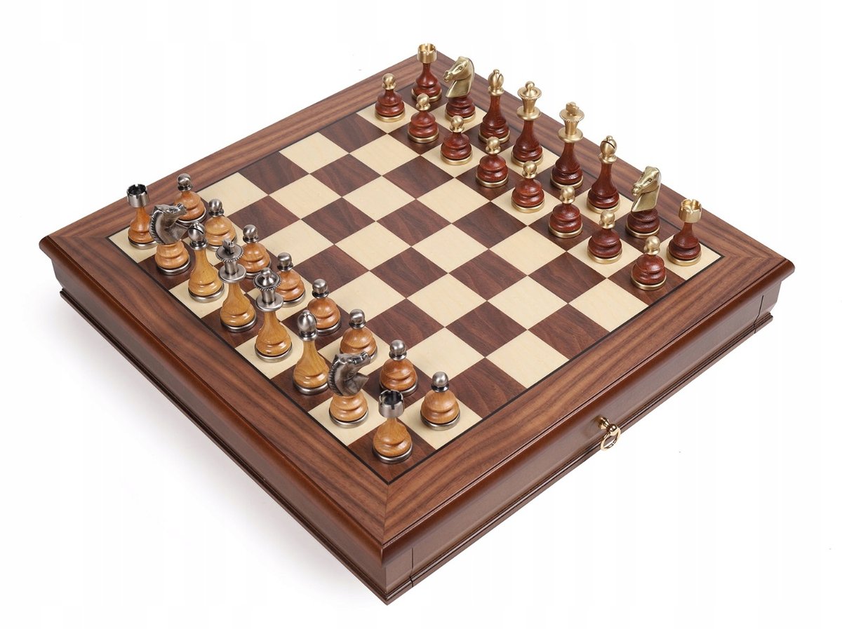 Italian Chess Brass/Wood Staunton+Chess Board Walnut/Maple 43 With Drawer, szachownica, Italfama