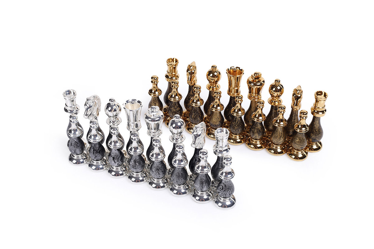 ITALIAN CHESS PIECES BRASS/BEECH WOOD GOLD/SILVER FANTASY 10CM, figury szachowe, Italfama