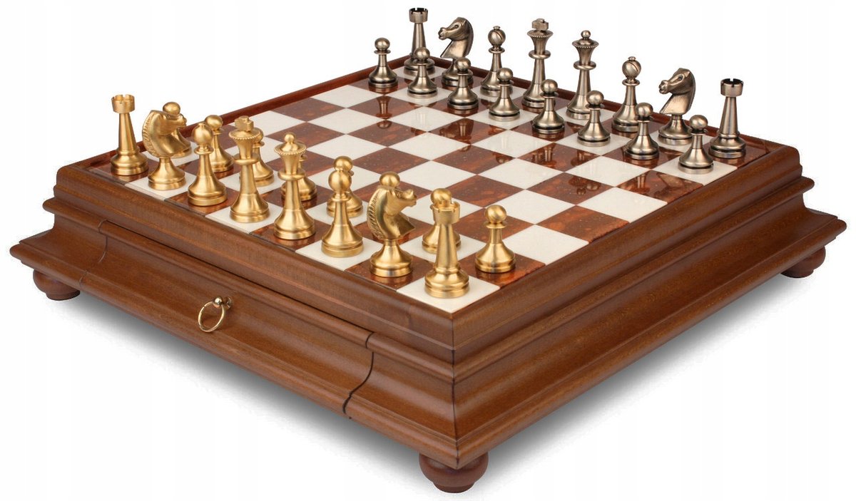 Italian Chess Solid Brass Staunton 7, 3+Chess Board Marble/Wood 46 Drawer, szachownica, Italfama