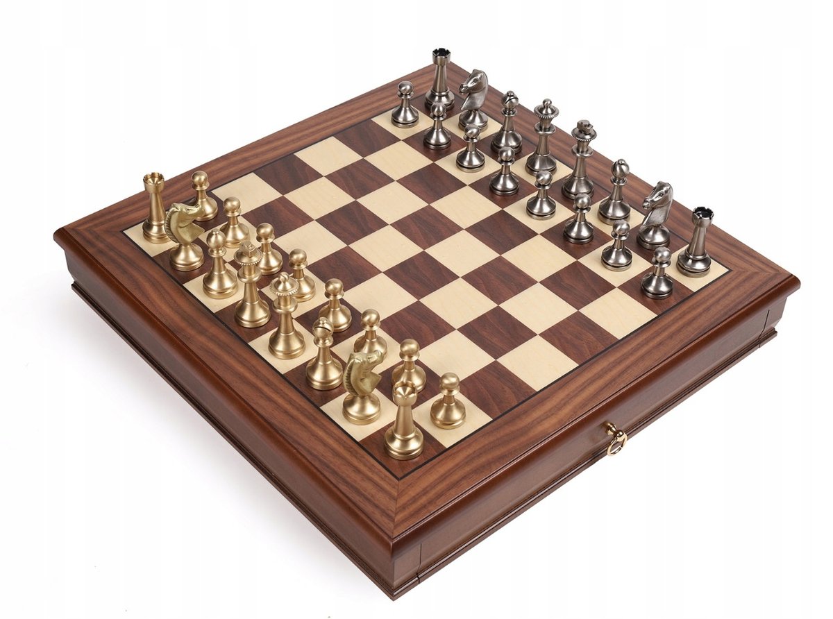 Italian Chess Solid Brass Staunton 7, 3+Chess Board Walnut/Maple 43 Drawer, szachownica, Italfama