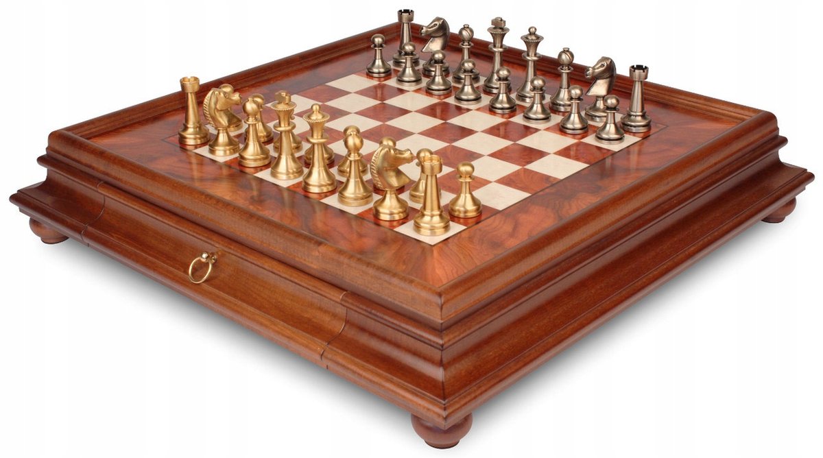 Italian Chess Solid Brass Staunton 7, 3+Chess Board Wood 53 With Drawer, szachownica, Italfama