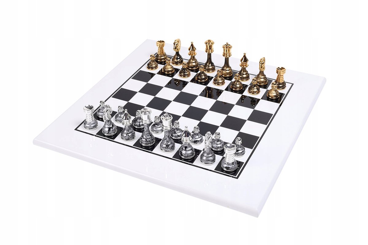 Italian Set Chess Brass/Wood Gold/Silver Fantasy+Chess Board White/Black 50, szachownica, Italfama