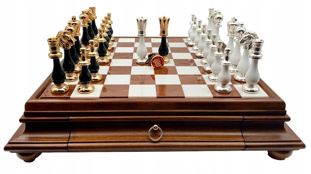 Italian Set Chess Pieces Brass/Beech Wood Gold/Silver+Chess Board Marble/Ti, szachownica, Italfama
