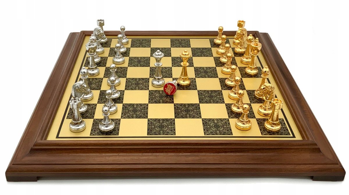 Italian Set Chess Pieces Staunton Gold/Silver+Chess Board Brass Effect/Wood, szachownica, Italfama