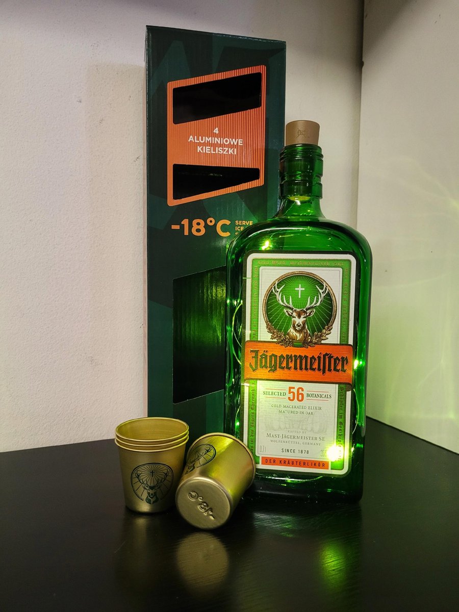 JAGERMEISTER BOX 4 Kieliszki ALUMINIOWE LOGO 40 ml + Lampka LED NA PREZENT