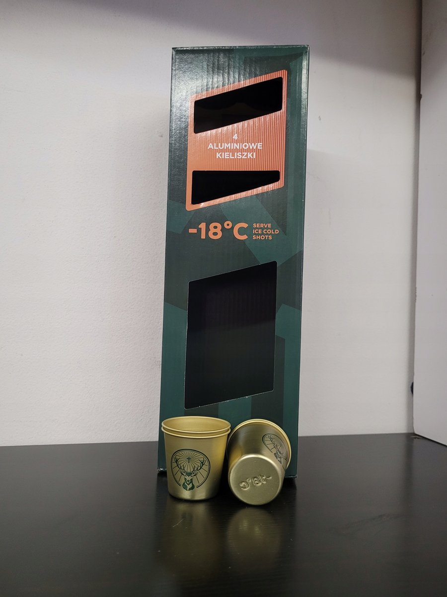 JAGERMEISTER BOX 4 Kieliszki ALUMINIOWE LOGO +MIEJSCE NA BUTELKĘ NA PREZENT