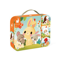 Janod Puzzle progresywne w walizce Zwierzątka na farmie 4 układanki – 6, 9, 12 i 16 elementów 2+ prezent dla dzieci