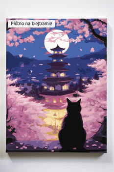 Japońskie nastroje, Japonia, kot, Azja, noc, drzewa, malowanie po numerach - Akrylowo