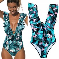 Jednoczęściowy Strój Kąpielowy Odkryte Plecy Dekolt Falbanka Boho M