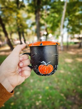 Jesienny kubek do herbaty z pokrywką kot i dynie - Inny producent