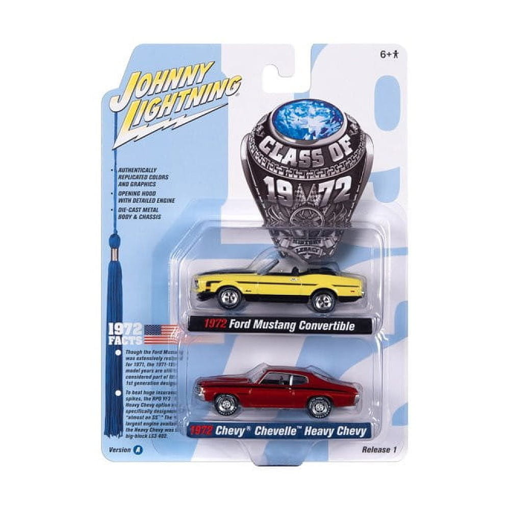 Johnny Lightning 1972 Ford Mustang Convertible and 1972 Chevy Chevelle SS Heavy Chevy 1:64