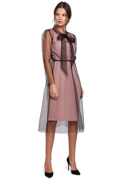 K039 Sukienka tiulowa z wiązaniem przy szyi - pudrowa (kolor pudrowy róż, rozmiar L) - Inna marka