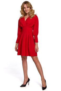 K087 Sukienka z rozkloszowanymi zakładkami - czerwona (kolor czerwony, rozmiar L) - Inna marka