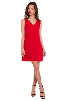 K128 Gładka sukienka z kokardą na ramieniu - czerwona (kolor czerwony, rozmiar S) - Inna marka