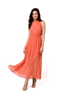 K169 Sukienka szyfonowa maxi wiązana wokół szyi - pomarańczowa (kolor pomarańcz, rozmiar M) - Inna marka