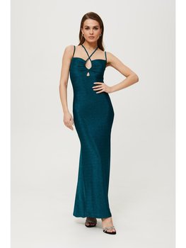 K188 Metaliczna sukienka maxi z wiązaniem w dekolcie - morska (kolor morski, rozmiar L) - Inna marka