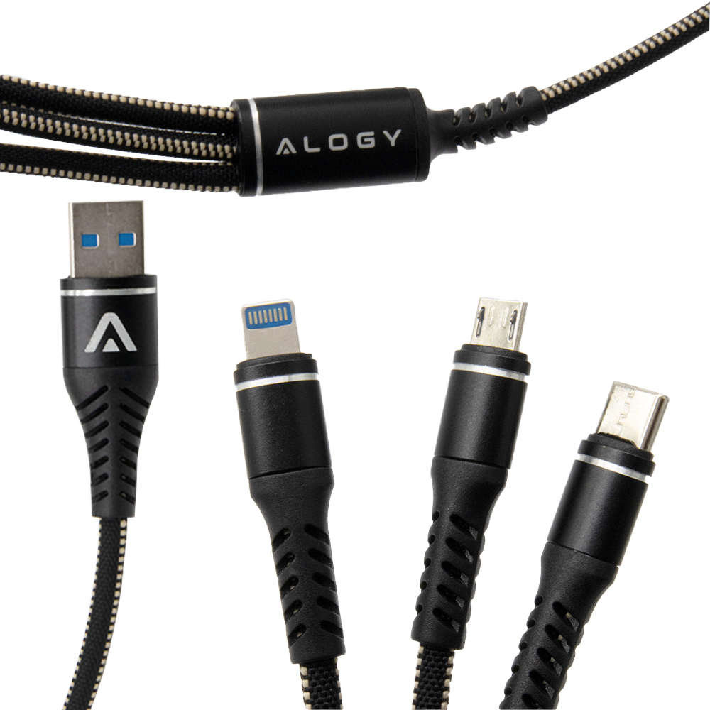 Фото - Кабель Alogy Kabel  Nylon 3w1 USB-C Typ C Lightning micro USB 5A Black 