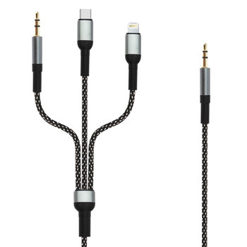 Kabel audio 3 w 1 3,5 mm Jack do 3,5 mm Jack, Lightning i USB-C, pleciony nylon, dlugosc 1,5 m, LinQ - czarny - LinQ