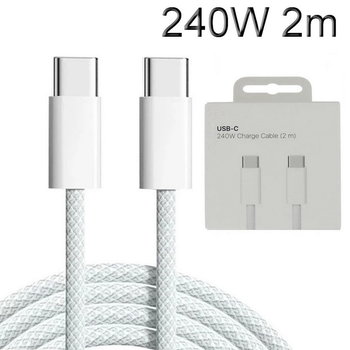 Kabel przewód USB-C do USB-C Typ C 240W PD do szybkiego ładowania w nylonowym oplocie do Apple MacBook iPad iPhone 200cm 2m (Biały) - MFC