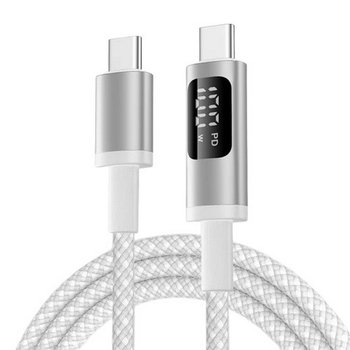 Kabel przewód USB-C do USB-C Type-C z wyświetlaczem LED do szybkiego ładowania PD 100W nylonowy oplot 100cm 1m (Biały) - MFC