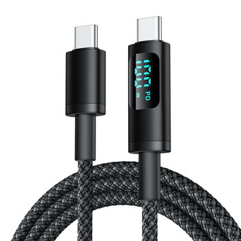 Kabel przewód USB-C do USB-C Type-C z wyświetlaczem LED do szybkiego ładowania PD 100W nylonowy oplot 100cm 1m (Czarny) - MFC