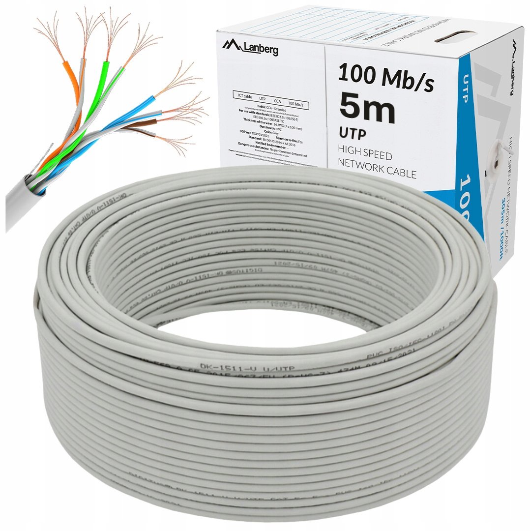 KABEL SIECIOWY SKRĘTKA PRZEWÓD LAN RJ45 UTP 100Mb/s 5M CCA SZARY ...