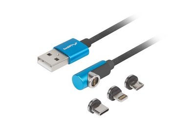 KABEL USB-A(M)->USB MICRO(M)+LIGHTNING(M)+USB-C(M) 2.0 1M CZARNY-NIEBIESKI KĄTOWY QC 3.0 MAGNETYCZNY em - LANBERG