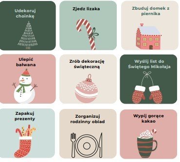 Check Boze's Kalendarz adwentowy dla druku, bingo, check lista na Boże narodzenie ...