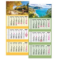 Kalendarz miesięczny, 2026, 33,5x76,5 cm, trójdzielny lux z główką wypukłą, ścienny, Mix wzorów