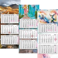 Kalendarz miesięczny, 2026, 33,5x79,4 cm, trójdzielny z główką płaską, ścienny, Mix wzorów