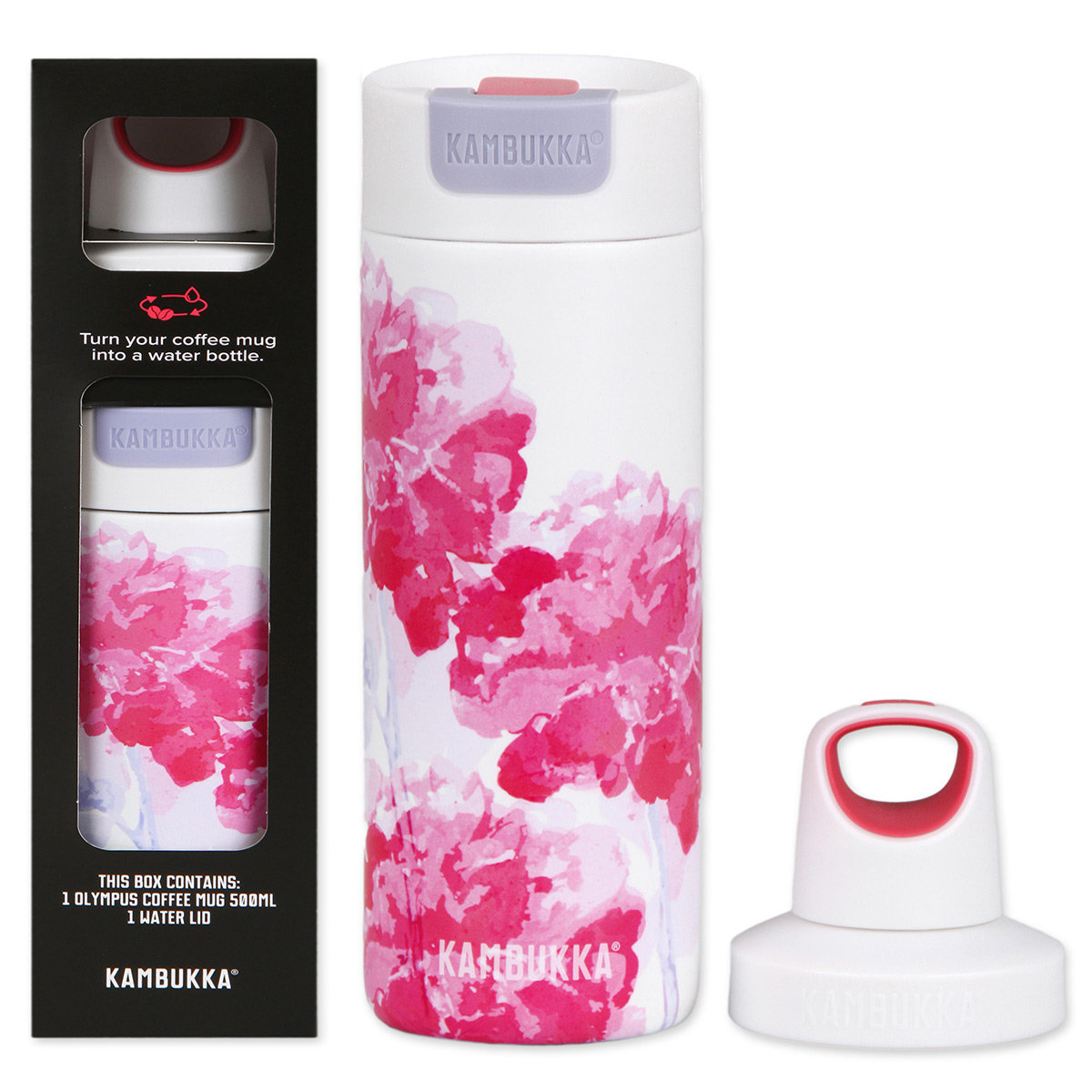 Kambukka, kubek termiczny Olympus 500ml Pink Blossom + nakrętka Reno, zestaw prezentowy