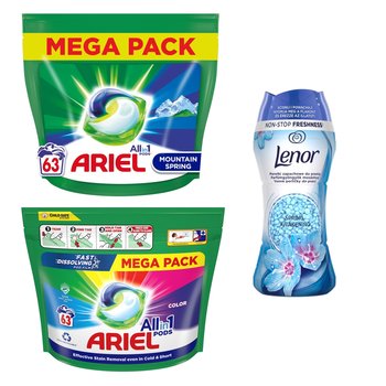 Kapsułki do prania ARIEL All in One kolor + białe 2x 63 szt + Perełki zapachowe LENOR Spring 210 g - Ariel