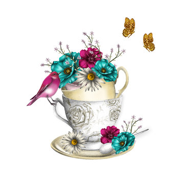 Karnet okolicznościowy Swarovski, kwiaty w filiżance - Clear Creations