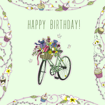 Karnet Swarovski kwadrat Urodziny rower z kwiatami - Clear Creations