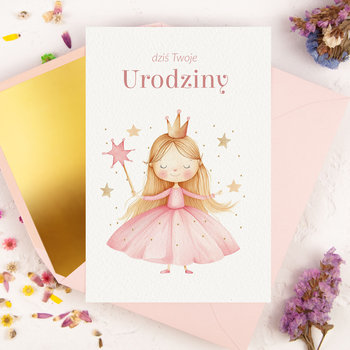 Kartka na urodziny dla dziewczynki z różową księżniczką - Little Princess + różowa koperta ze złotym środkiem - LILY ZAPROSZENIA